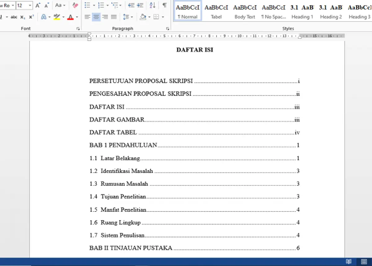 Ilustrasi daftar isi pada penulisan Skripsi di Microsoft Word (Sumber : Labviral.com/Yowan R)
